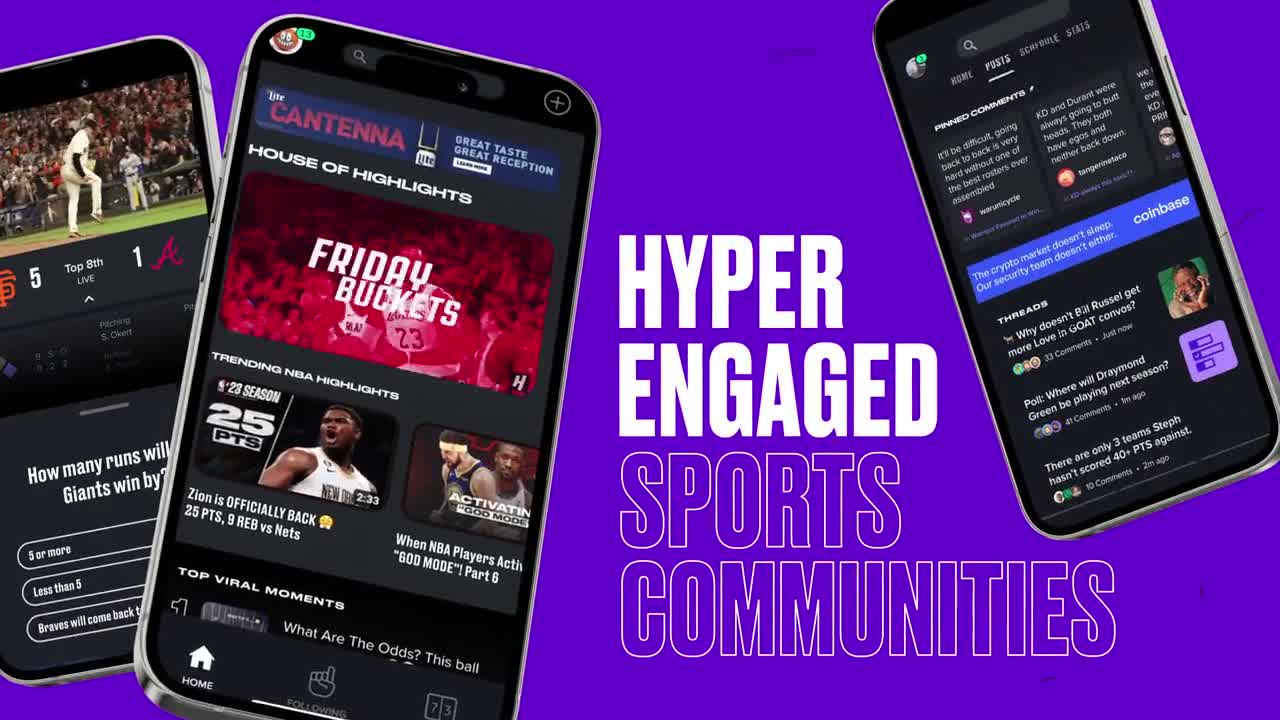 Bleacher Report North Star — three phones showing a video-first app concept on a violet field