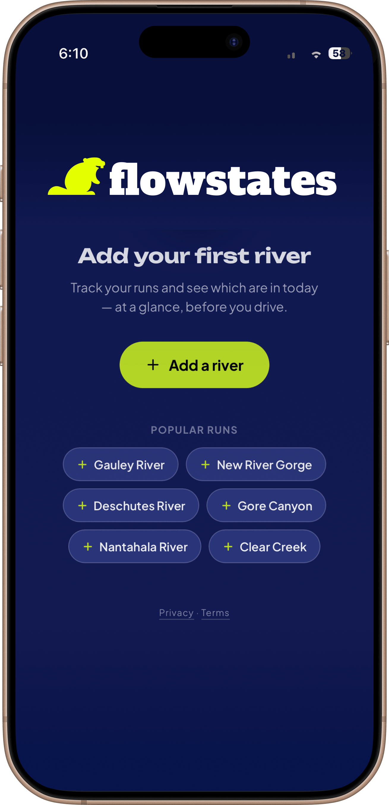 flowstates empty state — Add your first river, with popular runs to start from