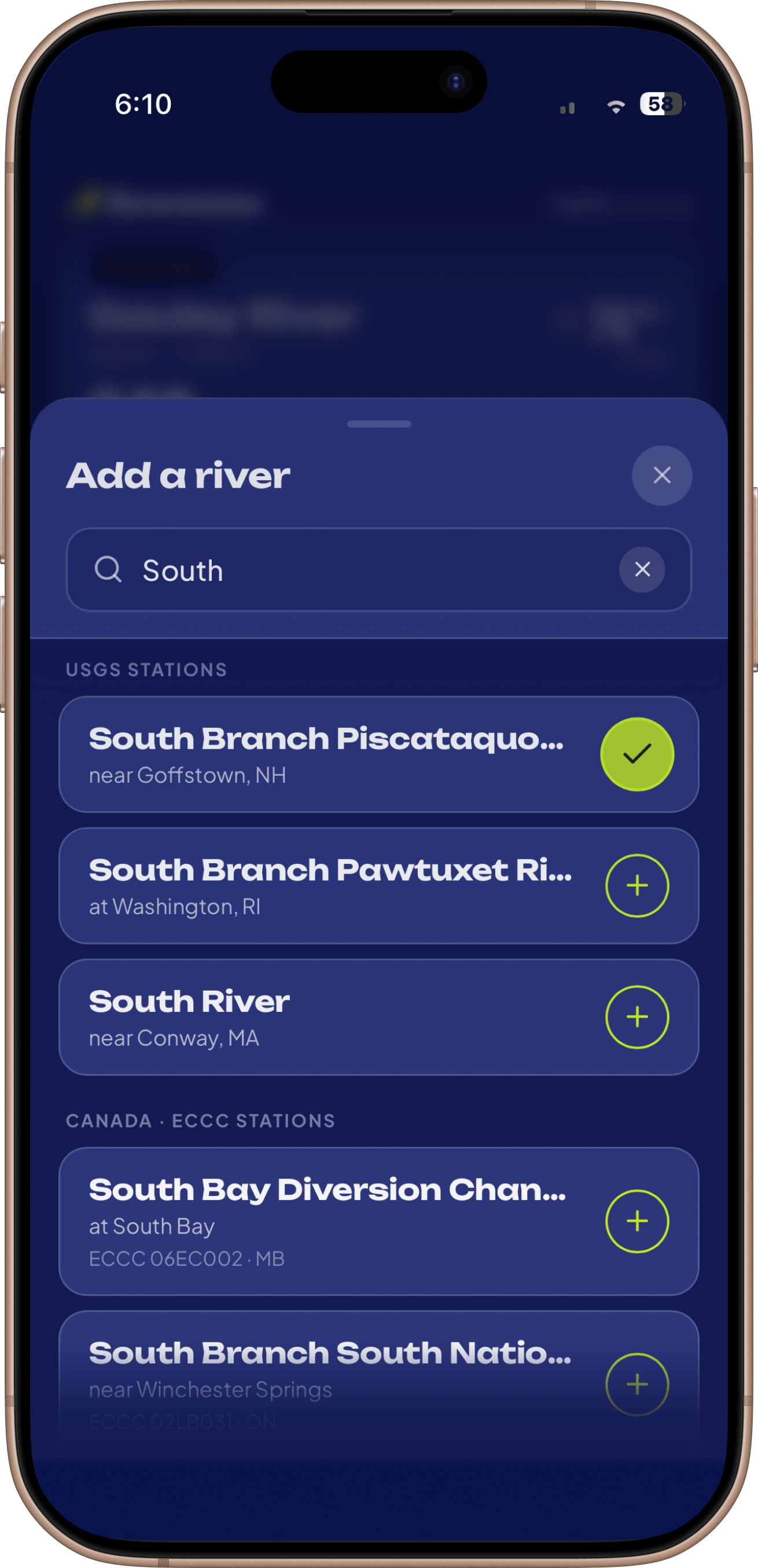 Add-a-river search — typing “South” surfaces USGS and Canadian ECCC stations