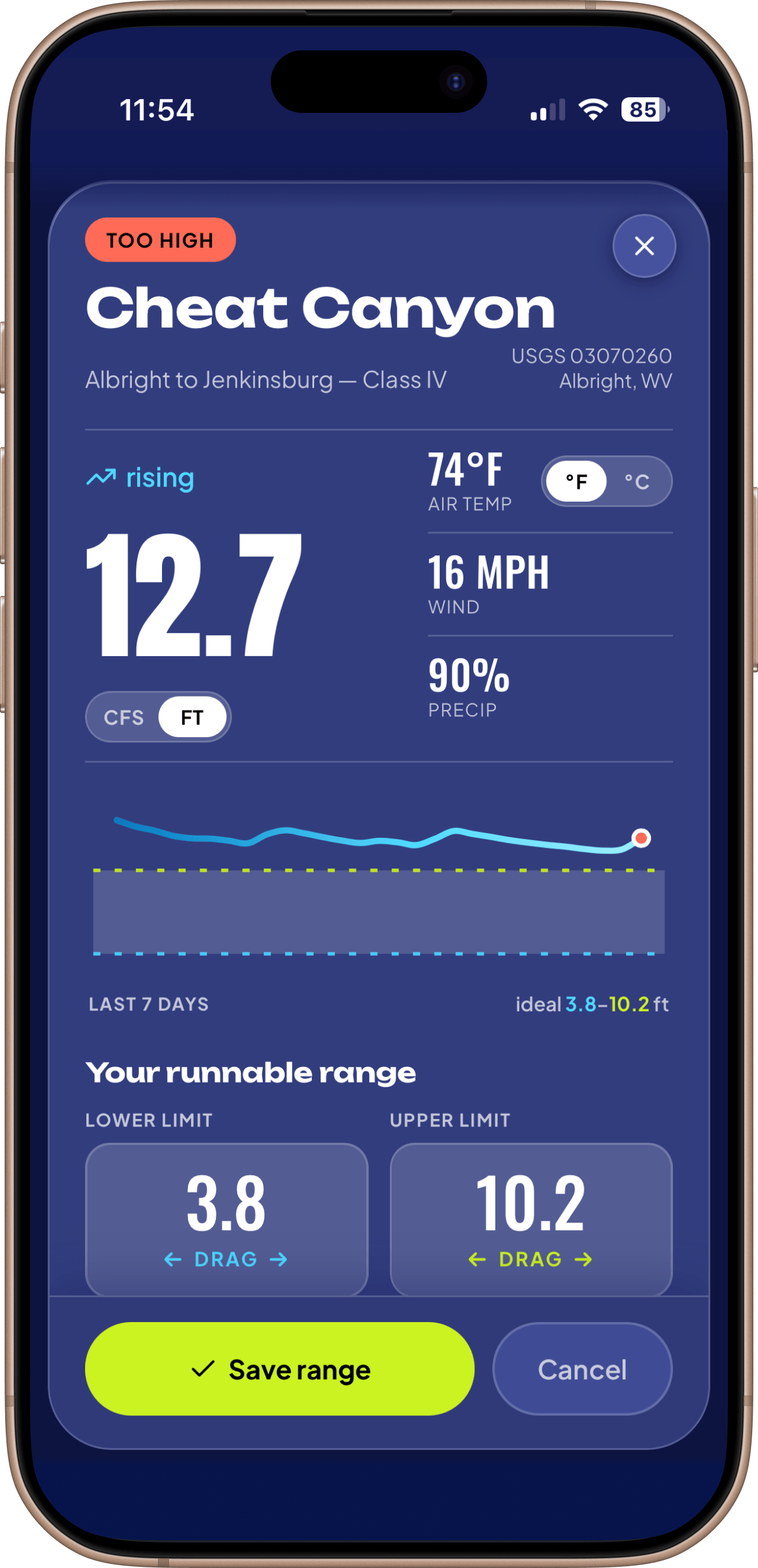 Cheat Canyon detail — dragging to set the upper and lower runnable range