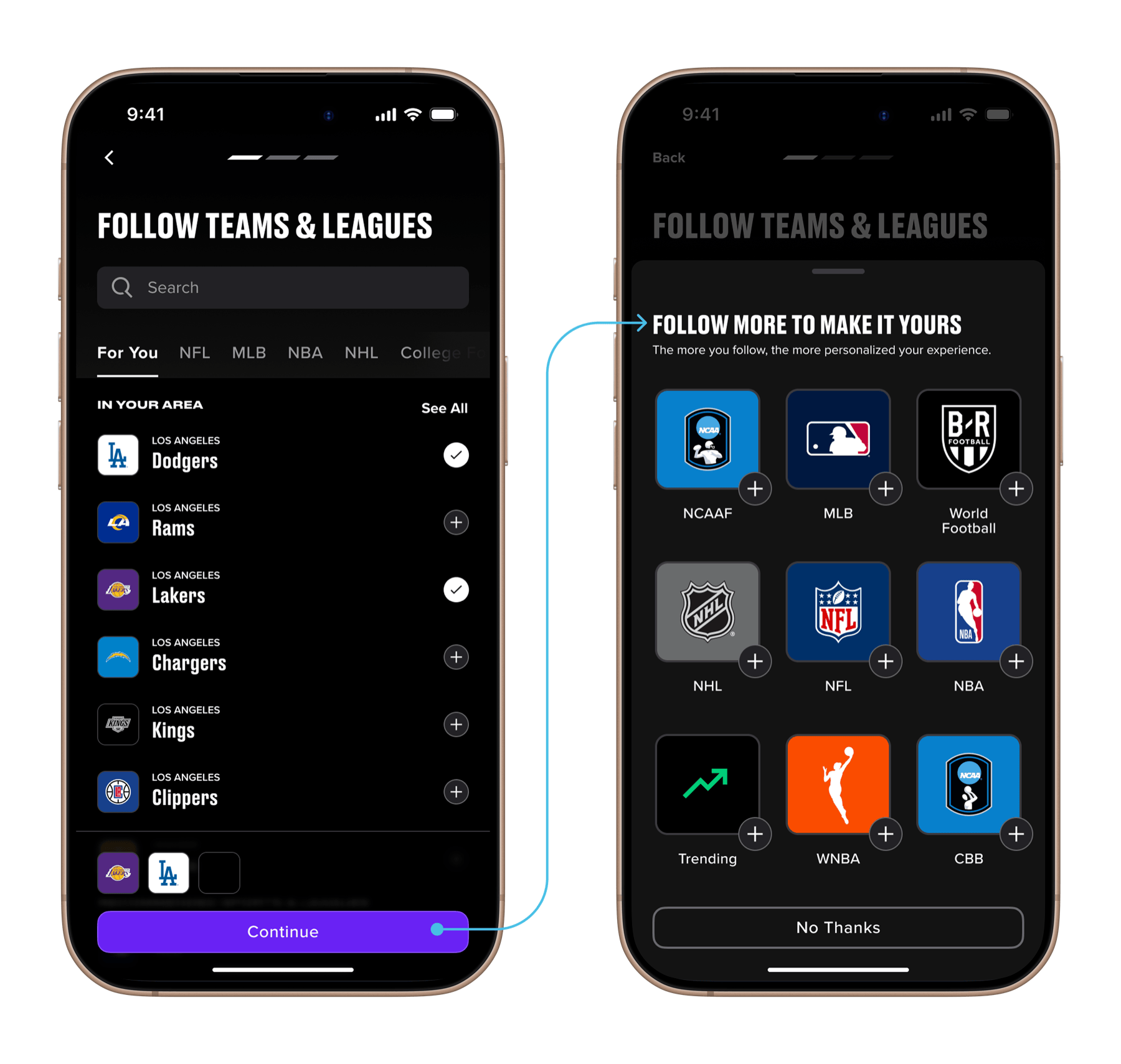 The follow-more prompt surfacing additional teams based on the user's earlier picks