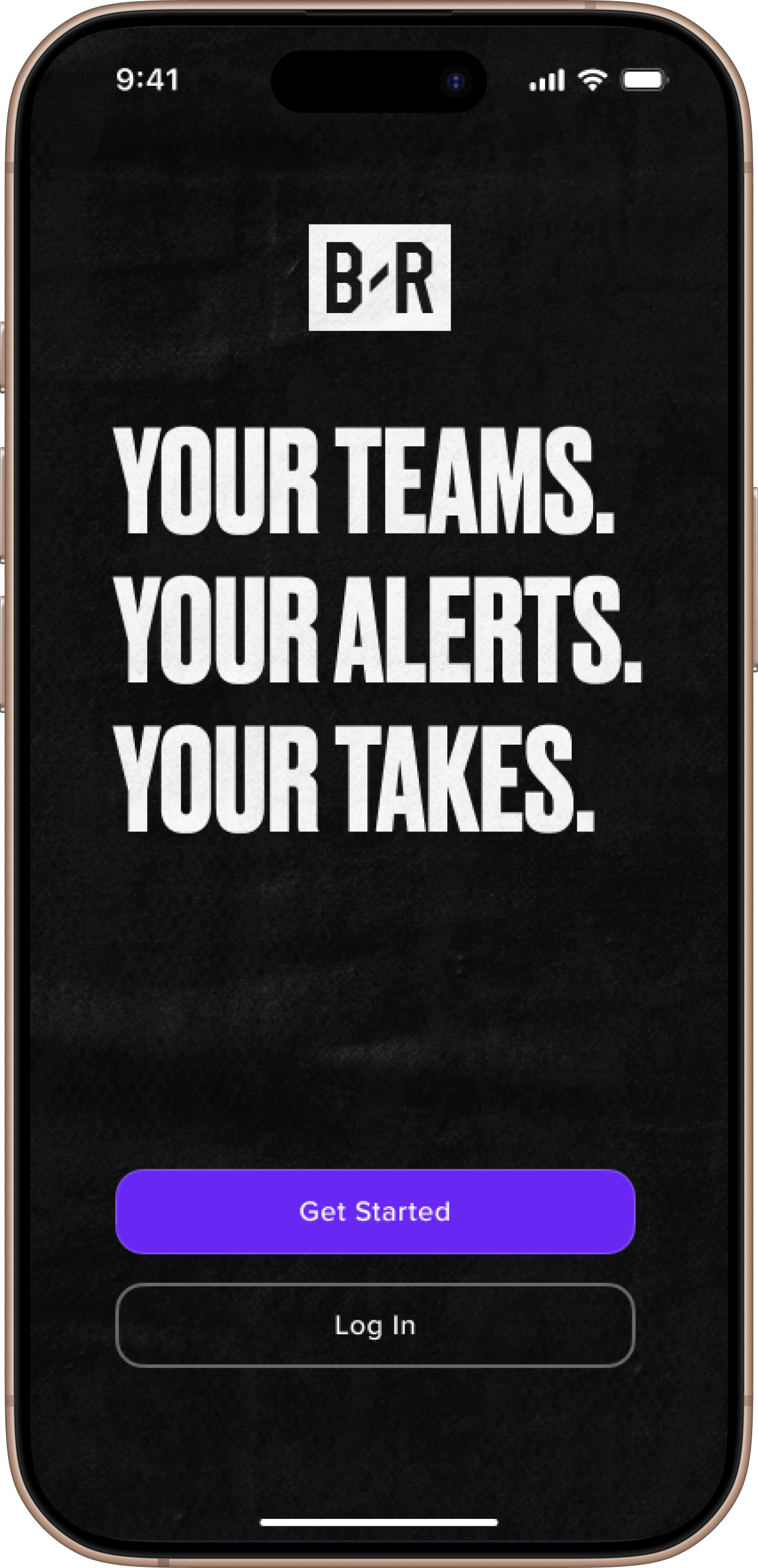 The Bleacher Report onboarding welcome screen — Your teams, your alerts, your takes