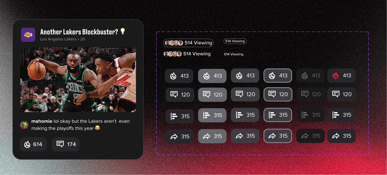 Social action bar — the in-app strip surfacing live chat, reactions, and shared moments